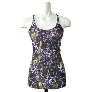 Lululemon Cool Racerback Tank Top Olive Green Purple Floral Multi Dot Size 6